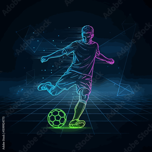 Neon illustration of a soccer player kicking a ball on a grid, with geometric shapes in the background.