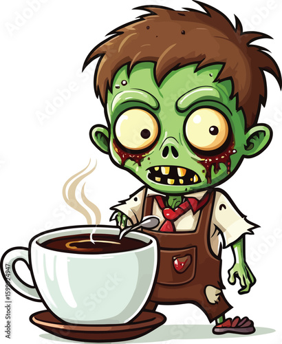 Cartoon Zombie Character Enjoys A Cup Of Coffee In Whimsical Illustration Style Perfect For Halloween Themed Designs Or Humorous Graphics Depicting A Playful Take On Horror Tropes