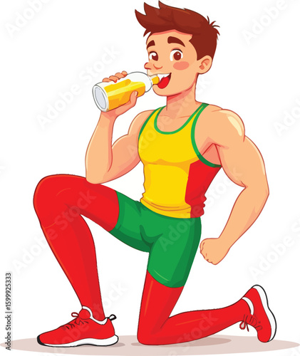Cartoon Athlete Resting and Drinking Juice - Animated Character for Health and Fitness, Sport, and Wellness Illustrations in Vibrant Color Palette