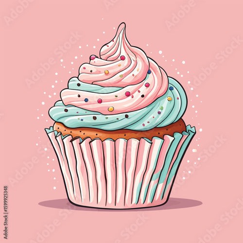 Stylized Cupcake Illustration - Sweet Treat Design Element for Party Invitations and Confectionery Themed Graphics with Pink and Teal Frosting