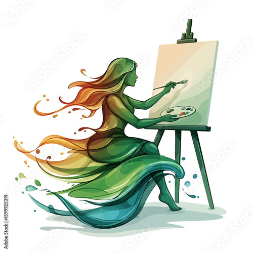 An abstract, stylized illustration of a female figure painting on a canvas, with her form blending into flowing, colorful waves and streams.