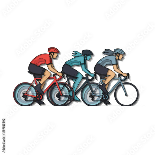 Three cyclists, wearing helmets and cycling gear, are riding bicycles in a race or training, depicted in a stylized illustration.