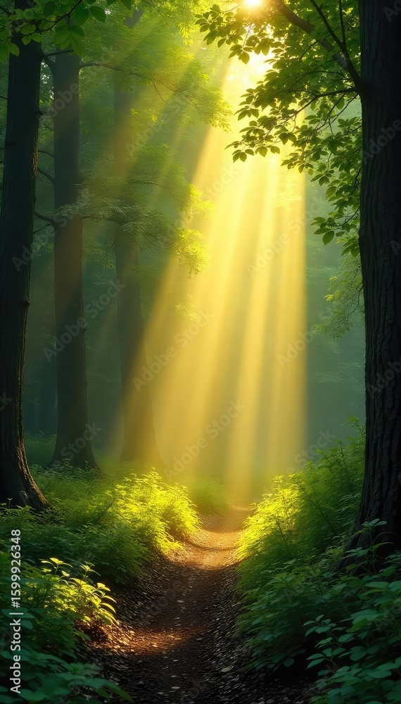 Obraz premium Golden sunbeams pierce through gaps in a dense forest canopy, illuminating the lush green undergrowth with dappled light A magical, ethereal scene of nature's light show , green, sunlight, sunray