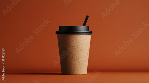 Brown disposable coffee cup with black lid and straw is set against orange background, creating minimalist and modern aesthetic