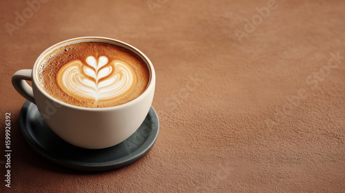 Steaming cup of cappuccino with intricate latte art sits on dark saucer against textured brown background, evoking warmth and comfort