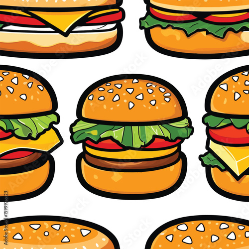 Hamburger Seamless Pattern, Cartoon Style Illustration for Backgrounds or Prints. A delicious food design showing several burgers, creating a fun and appetizing visual effect on a white background.