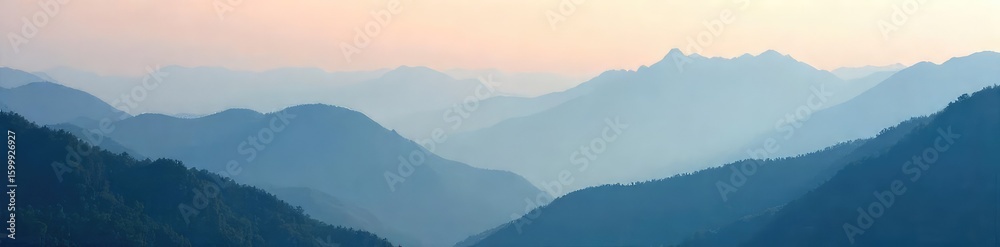 Fototapeta premium Misty mountain peaks shrouded in a smoky haze, creating an ethereal and mysterious landscape Perfect for travel, nature, and environmental themes , nature, grey