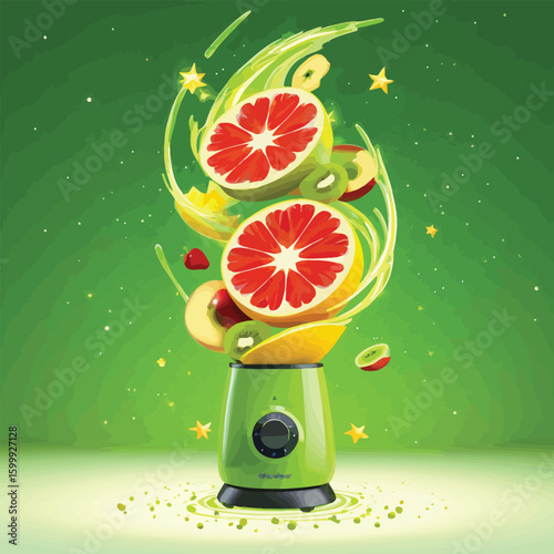 Vibrant Smoothie Concept: Colorful Fruits levitate around a modern blender against a bright green backdrop, conveying a sense of freshness, vitality, and the ease of preparing healthy drinks.
