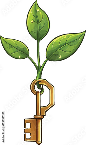 Growing Potential: Illustration of a golden key entwined with sprouting leaves, symbolizing new opportunities, personal growth, and unlocking future possibilities in a vibrant cartoon style.