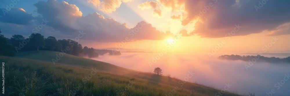 Fototapeta premium Serene landscape with ethereal mist, sunbeams breaking through clouds, suggesting spiritual awakening and inner peace Perfect for meditation, yoga, mindfulness, and spiritual themes , peace, mist