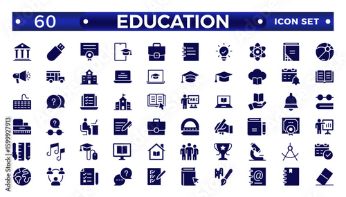 Education and learning icon set. Solid vector icons related to education, success, academic subjects, and more.