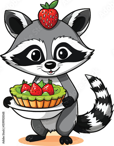 Cartoon Raccoon with Fruit Tart and Strawberry Hat Illustration, perfect for illustrating children's books, greeting cards, or educational materials related to healthy eating and animal themes.