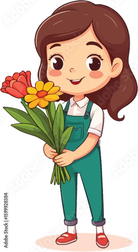 Cartoon illustration of a happy young girl holding a bouquet of flowers, wearing overalls, expressing joy and innocence, suitable for children's books or educational material.