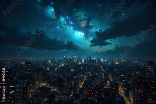 Nightscape of New York City with Milky Way Galaxy Overhead