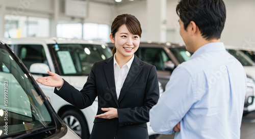 Plakat 車の案内をするビジネスウーマン 