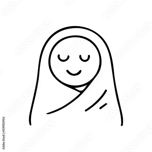 Line art icon of a cute smiling baby swaddled in a blanket. Symbol of care, tenderness, and parenting.