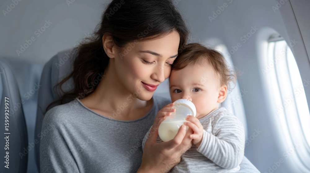 Mother feeding baby with milk bottle on airplane during flight Mother feeding baby with milk bottle on airplane during flight