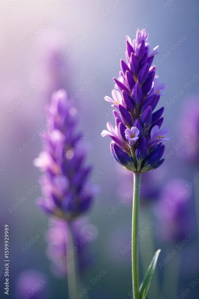 Naklejka premium Close-up of blooming lavender, soft purple hues and delicate petals exuding a calming, mellow aroma Perfect for relaxation, spa, and aromatherapy themes , soothing, herb