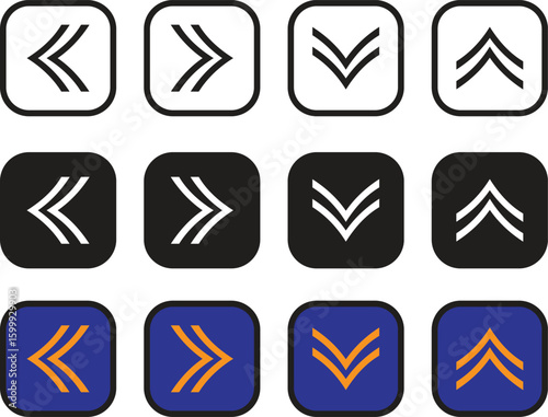 Double arrow direction icons set for navigation and scrolling, including sharp UI-style vector symbols – transparent background
