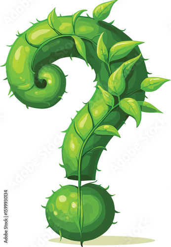 Green Question Mark Made of Plants - Conceptual Illustration for Nature, Learning, and Educational Materials; A visually striking and thought-provoking representation symbolizing inquiry and