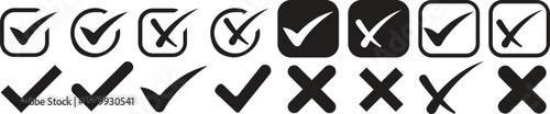 Check tick mark icon set.tick sign accept select confirm correct agree animated. successful symbol, tick mark.Check marks indicate approval. X marks indicate rejection. Simple symbols for yes and no.