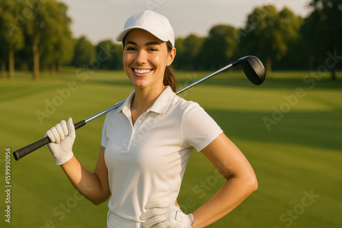 Woman in white shirt and golf hat holds a golf club, ready to tee off.