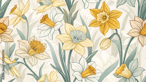 Repeating pattern with daffodil flowers, vector style, clean lines, bright pastel colors, for fabric print.