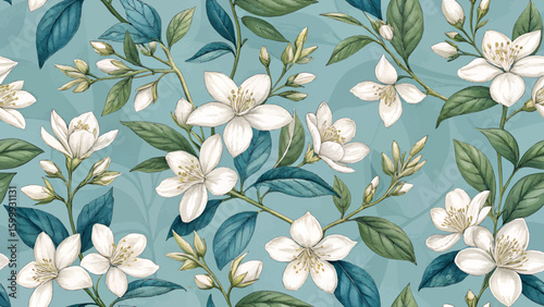 White jasmine flower pattern, fresh green leaves, seamless, blue background, elegant and clean, high resolution for printing on textiles.