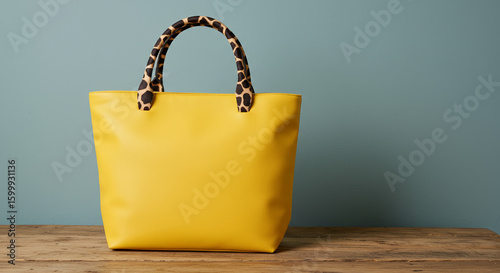Bright yellow paper shopping bag on a green background for retail, gift, or merchandise