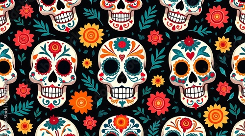 Colorful sugar skull pattern with flowers and leaves, festive design for Day of the Dead.