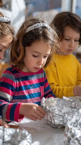 Children crafting with aluminum foil, focused and creative