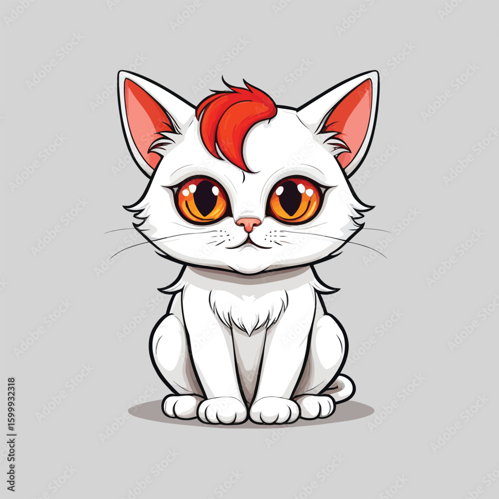 Obraz premium Adorable Cartoon Cat Illustration: A cute, white kitten with bright orange eyes and a tuft of red hair, sitting serenely against a neutral background, perfect for children's book illustrations or