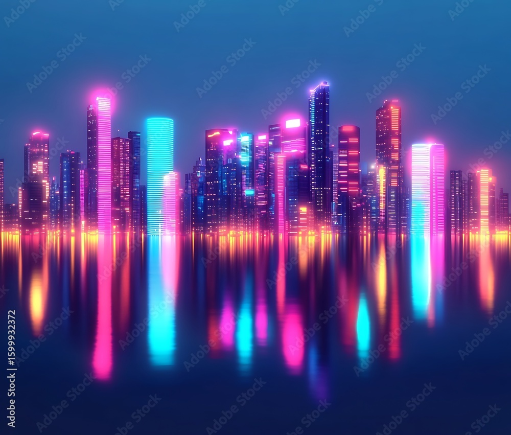 Fototapeta premium Futuristic Neon City Skyline with Colorful Reflections on Water in Vibrant Cyberpunk Night Scene