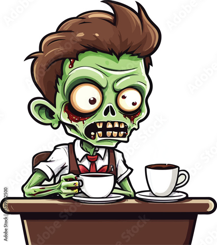 Cartoon Zombie Businessman Drinking Coffee Alone - A humorous and stylized depiction of a green-skinned zombie dressed in business attire, enjoying a solitary coffee break, conveying a comical and