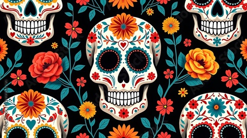 Colorful sugar skulls with floral decorations, a traditional Day of the Dead design.