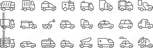 Urban and emergency vehicle icon pack – ambulances, trucks, service vans, utility cars, rescue vehicles, transport line icons