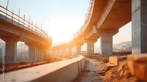 A concrete road bridge spans across the image with sunrise shining