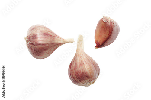 two garlic bulbs are shown on a white background