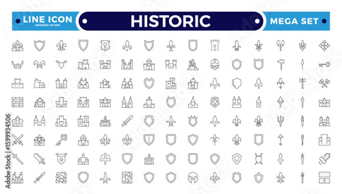 Historic Outline icon set. Heritage Center icon set. Contain linear outline icons: historical, guide, expo, culture, al, sculpture, museum, and more. Editable stroke outline icon. 
