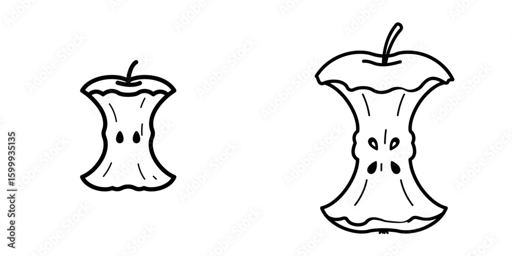 Two hand-drawn apple cores in simple black line art style Two hand-drawn apple cores in simple black line art style