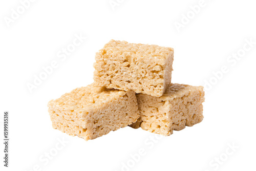 a pile of rice krispy treats on a white surface