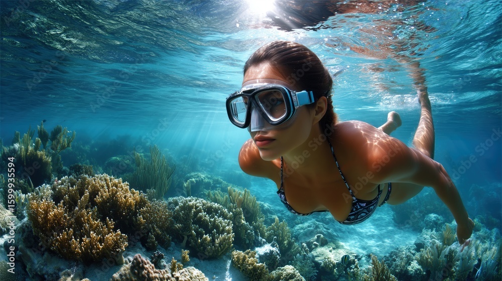 Naklejka premium Woman snorkeling exploring beautiful coral reef in tropical sea