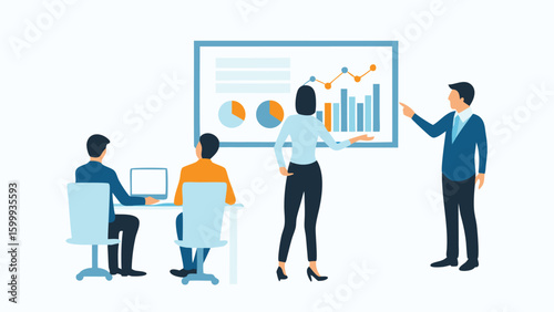 Business presentation with charts and graphs being explained to a small audience of colleagues present