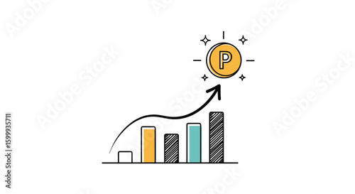 Visualizing the upward trend of financial growth and profit accumulation represented by a bar chart and a glowing coin symbol symbolizing success