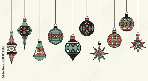 Beautifully decorated festive christmas ornaments hang delicately from overhead strings creating a wonderful holiday atmosphere