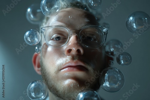 Artistic studio portrait of a person encircled by floating AI-controlled orbs hard left lighting creating sharp facial shadows and