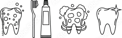 Dental hygiene progression showing tooth decay, brushing, cleaning, and a sparkling healthy tooth.