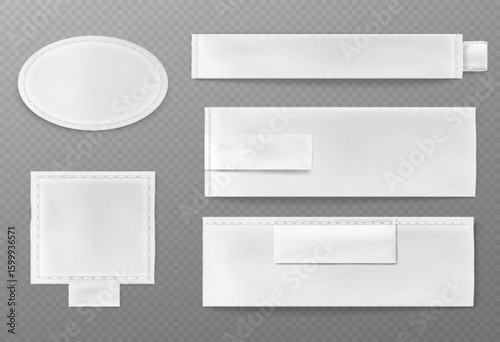 Fabric label mockup set with white textile tags, stitched edges on transparent background. Oval patch, rectangular bands with folded ends, square tag. Clothing branding elements for garment design.