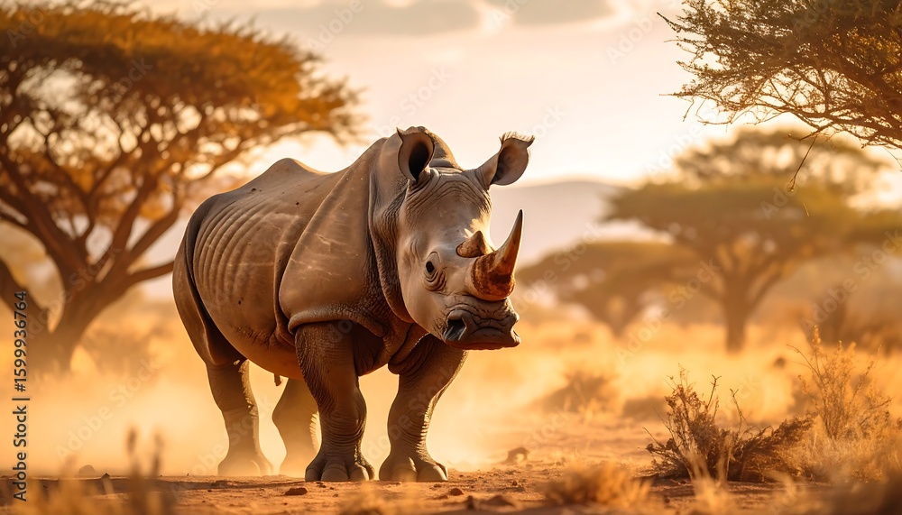 Fototapeta premium Majestic white rhino in golden savanna