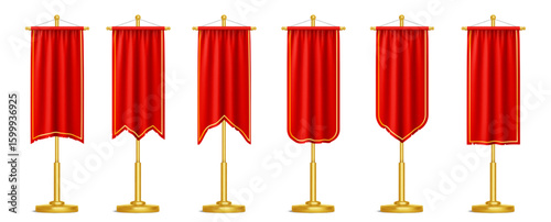 Medieval pennant set of red fabric banners on golden poles. Royal heraldry flags for castle decoration, knight tournament display elements. Hanging textile streamers.